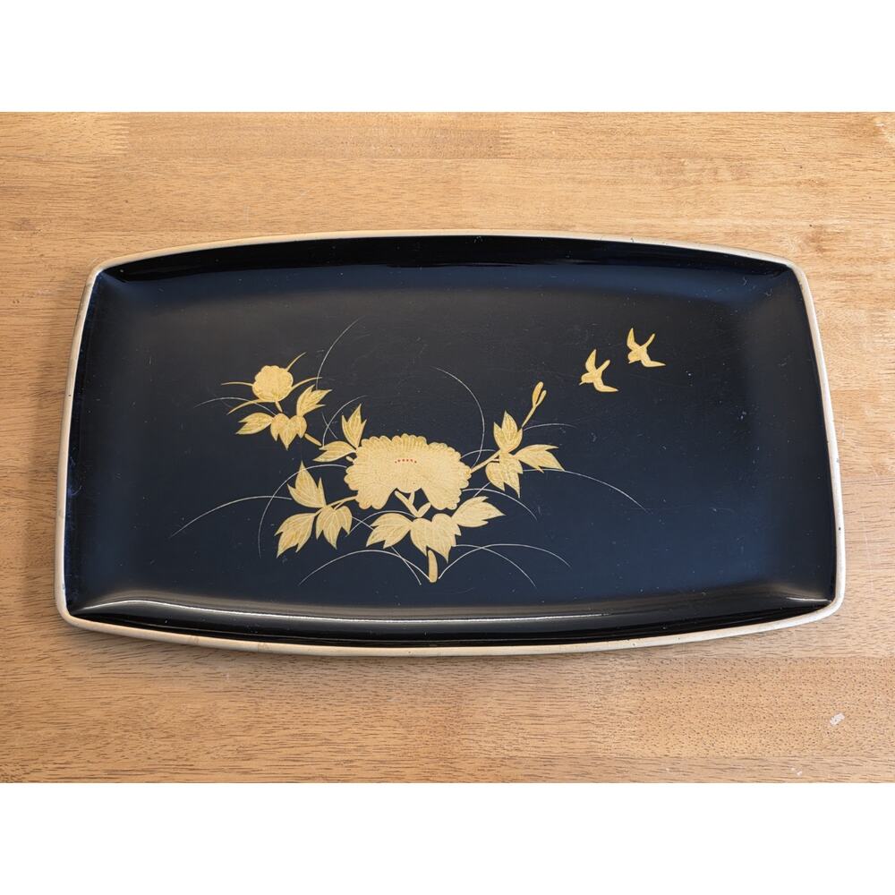 Japanese Lacquer Wooden Tray Set Gold Hydrangea Maki-e Tea Ceremony Meiji Era